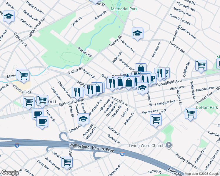 map of restaurants, bars, coffee shops, grocery stores, and more near 10 Marie Place in Maplewood