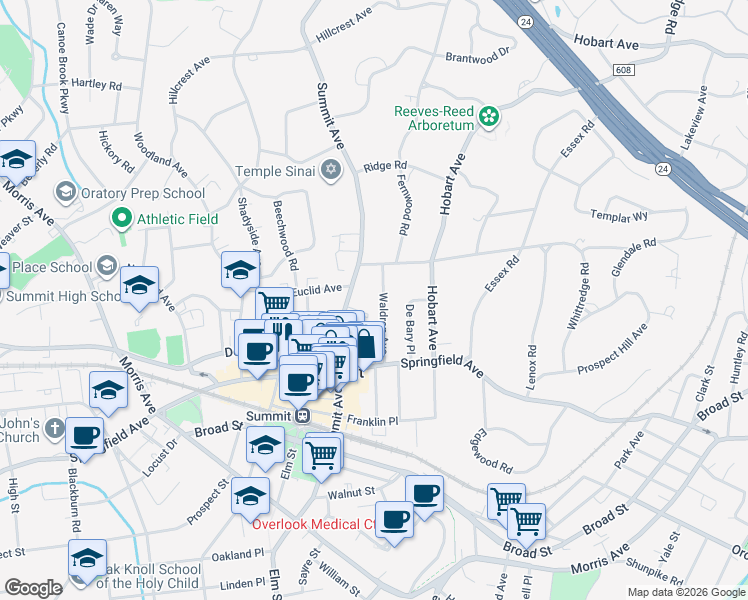 map of restaurants, bars, coffee shops, grocery stores, and more near 145 Summit Avenue in Summit