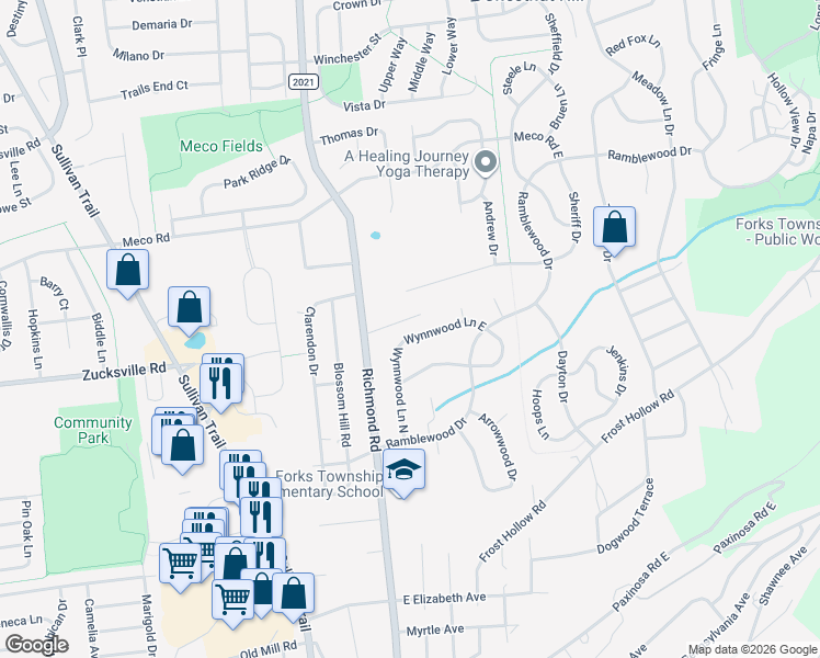 map of restaurants, bars, coffee shops, grocery stores, and more near 100 Wynnwood Lane East in Easton