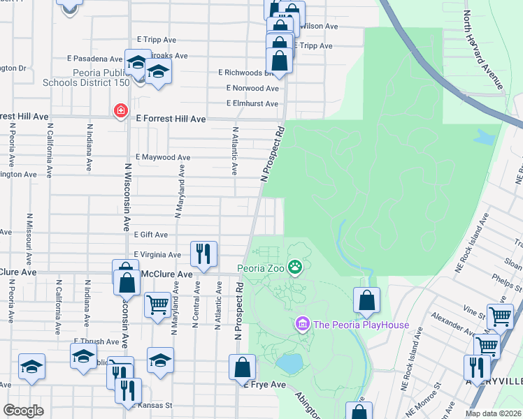 map of restaurants, bars, coffee shops, grocery stores, and more near 1305 East Seneca Place in Peoria
