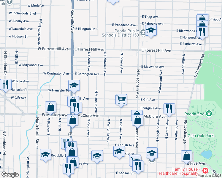 map of restaurants, bars, coffee shops, grocery stores, and more near 521 East Seneca Place in Peoria