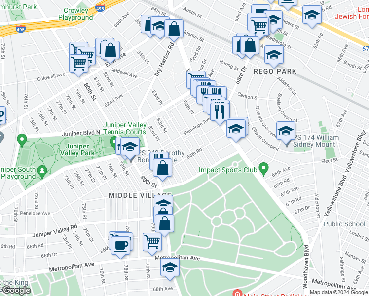 map of restaurants, bars, coffee shops, grocery stores, and more near 64-26 83rd Place in Queens