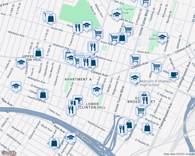 map of restaurants, bars, coffee shops, grocery stores, and more near 203 Peshine Avenue in Newark