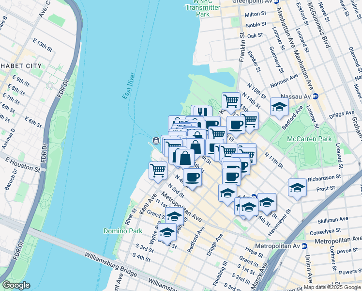 map of restaurants, bars, coffee shops, grocery stores, and more near 34 North 7th Street in Brooklyn