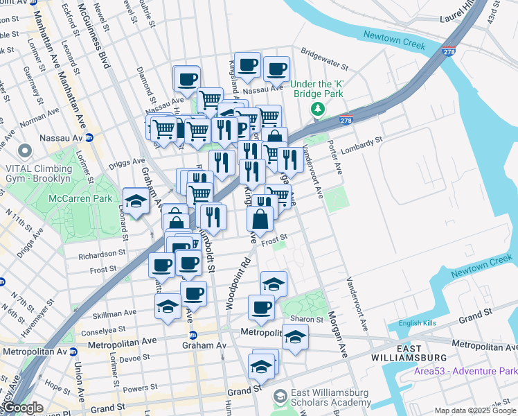 map of restaurants, bars, coffee shops, grocery stores, and more near 117 Kingsland Avenue in Brooklyn
