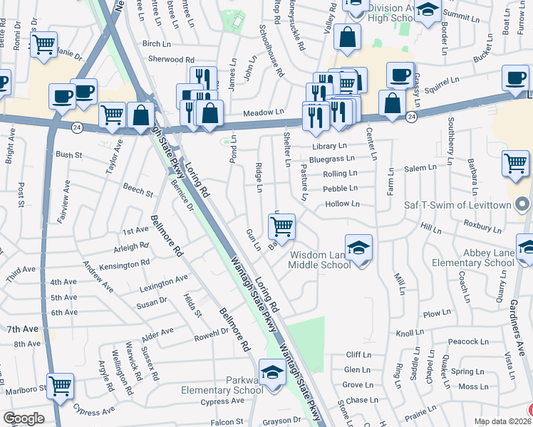 map of restaurants, bars, coffee shops, grocery stores, and more near 83 Ridge Lane in Levittown