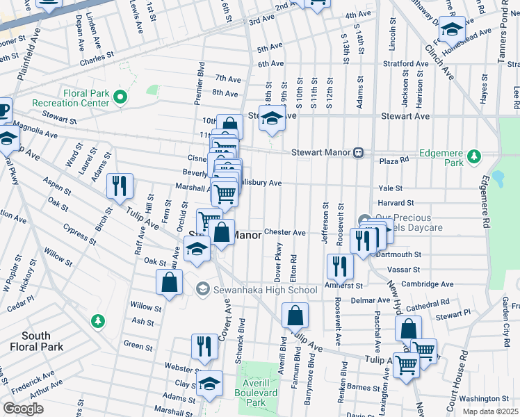 map of restaurants, bars, coffee shops, grocery stores, and more near 91 Carlton Terrace in Stewart Manor
