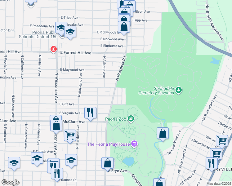 map of restaurants, bars, coffee shops, grocery stores, and more near 1305 East Seneca Place in Peoria