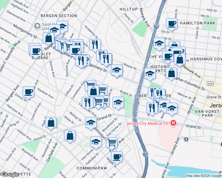 map of restaurants, bars, coffee shops, grocery stores, and more near 51 Fremont Street in Jersey City