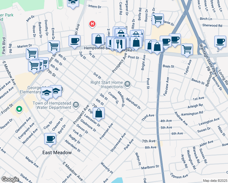 map of restaurants, bars, coffee shops, grocery stores, and more near 2376 Madison Drive in East Meadow