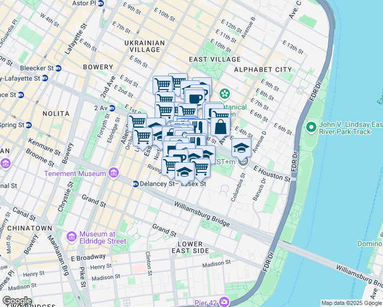 map of restaurants, bars, coffee shops, grocery stores, and more near 155 Attorney Street in New York