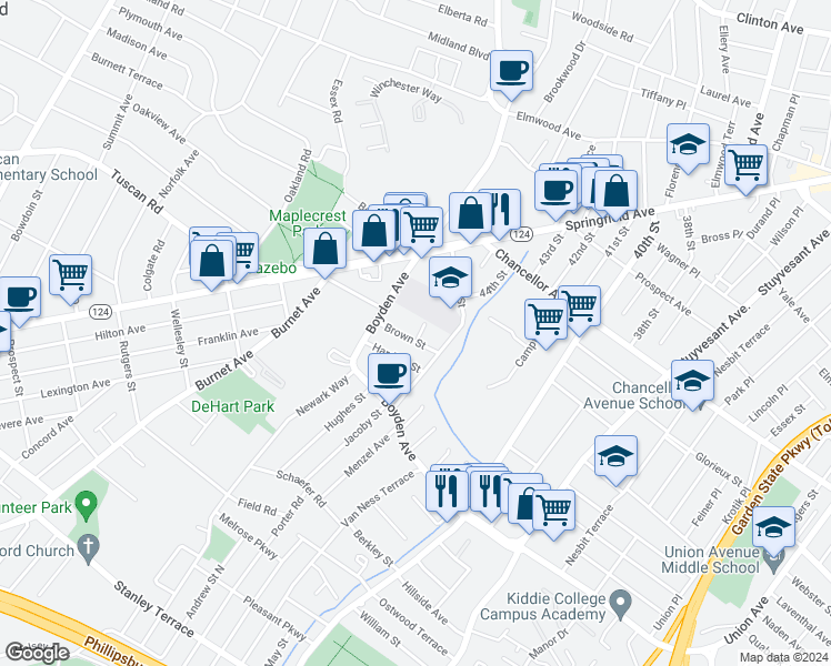 map of restaurants, bars, coffee shops, grocery stores, and more near 4 Henry Place in Maplewood