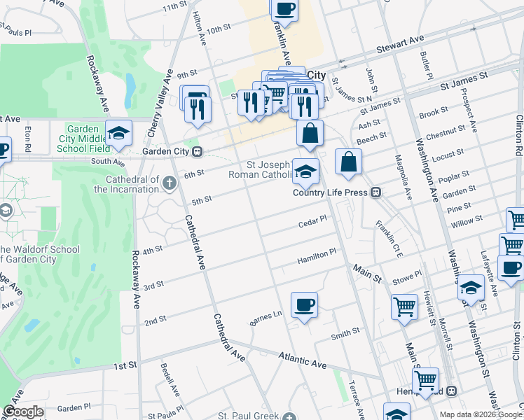 map of restaurants, bars, coffee shops, grocery stores, and more near 35 Hilton Avenue in Garden City