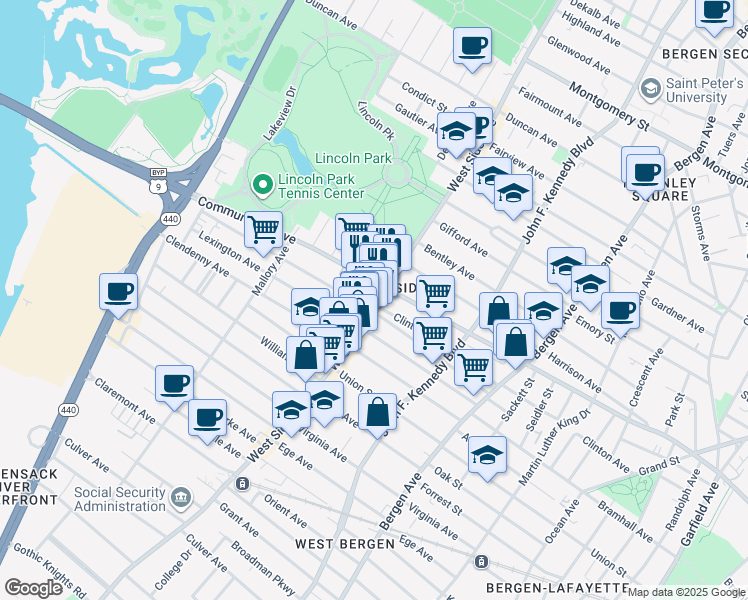 map of restaurants, bars, coffee shops, grocery stores, and more near in Jersey City
