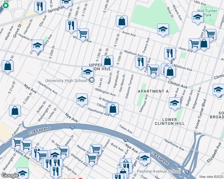 map of restaurants, bars, coffee shops, grocery stores, and more near 69 Ingraham Place in Newark