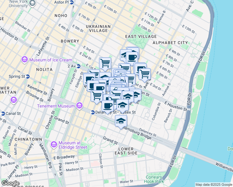 map of restaurants, bars, coffee shops, grocery stores, and more near 25 Clinton Street in New York