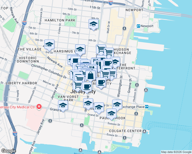 map of restaurants, bars, coffee shops, grocery stores, and more near 160 Morgan Street in Jersey City