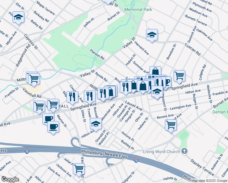 map of restaurants, bars, coffee shops, grocery stores, and more near 18 Overlook Terrace in Maplewood