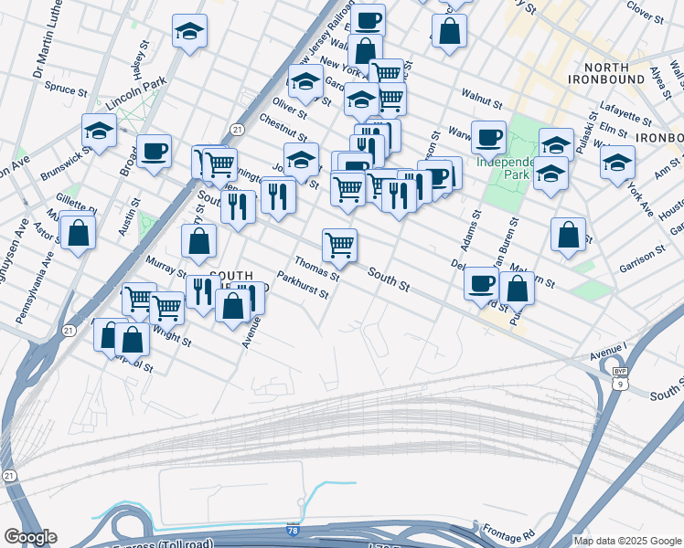 map of restaurants, bars, coffee shops, grocery stores, and more near 200 Pacific Street in Newark
