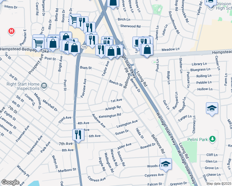 map of restaurants, bars, coffee shops, grocery stores, and more near 171 Earl Place West in East Meadow