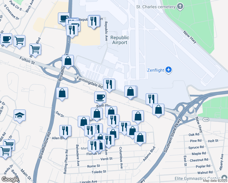 map of restaurants, bars, coffee shops, grocery stores, and more near 222 Route 109 in Farmingdale