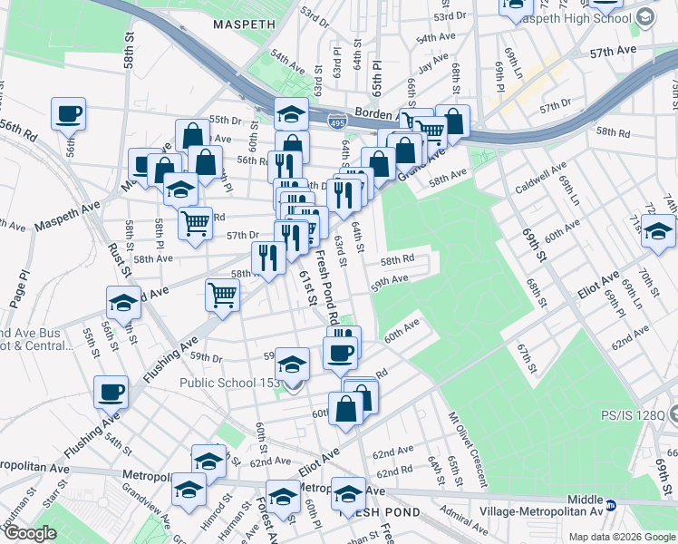 map of restaurants, bars, coffee shops, grocery stores, and more near 58-16 63rd Street in Queens
