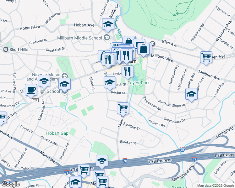 map of restaurants, bars, coffee shops, grocery stores, and more near 30B Rector Street in Essex County