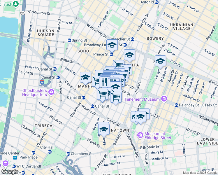 map of restaurants, bars, coffee shops, grocery stores, and more near 249 Centre Street in New York