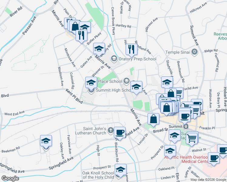 map of restaurants, bars, coffee shops, grocery stores, and more near 23 Edgar Street in Summit