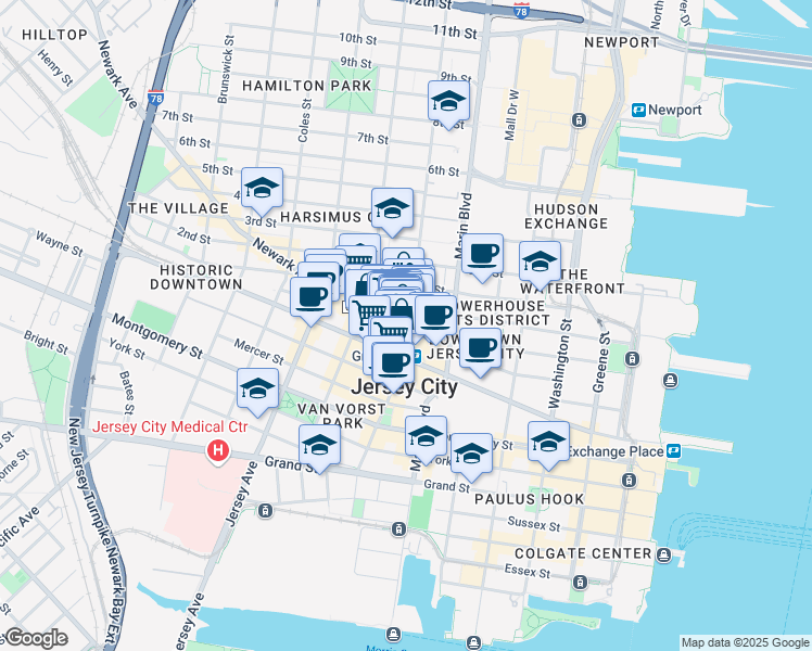 map of restaurants, bars, coffee shops, grocery stores, and more near 341 Grove Street in Jersey City
