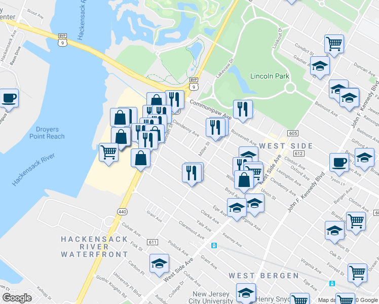 map of restaurants, bars, coffee shops, grocery stores, and more near 131 Williams Avenue in Jersey City