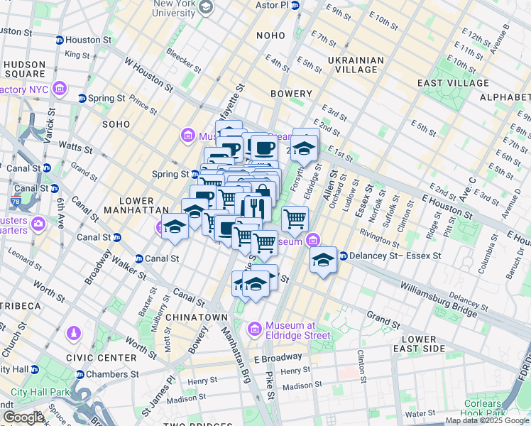 map of restaurants, bars, coffee shops, grocery stores, and more near 5 Rivington Street in New York