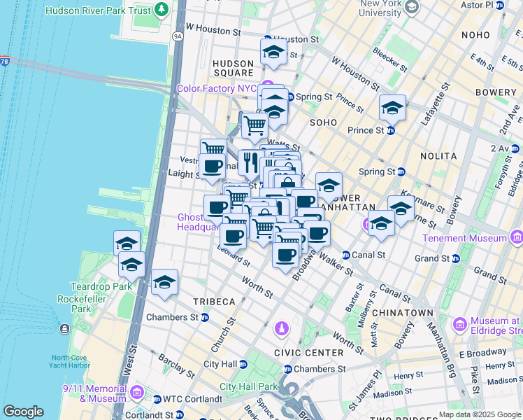 map of restaurants, bars, coffee shops, grocery stores, and more near 260 West Broadway in New York