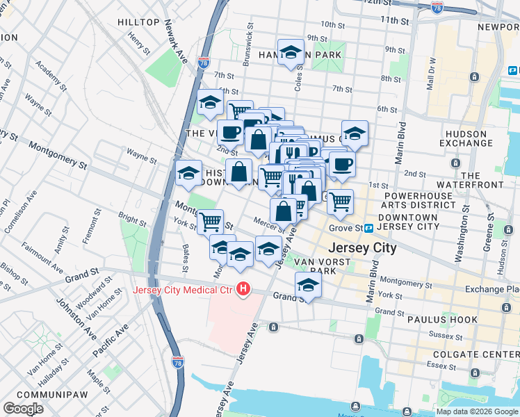 map of restaurants, bars, coffee shops, grocery stores, and more near 153 Wayne Street in Jersey City
