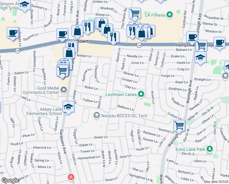 map of restaurants, bars, coffee shops, grocery stores, and more near 2 Tanners Lane in Levittown