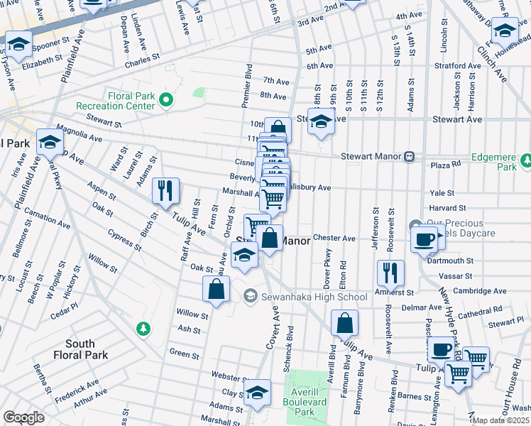 map of restaurants, bars, coffee shops, grocery stores, and more near 83 Covert Avenue in Floral Park