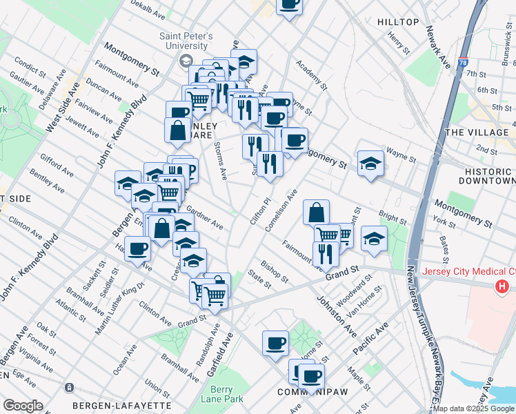 map of restaurants, bars, coffee shops, grocery stores, and more near 75A Clifton Place in Jersey City