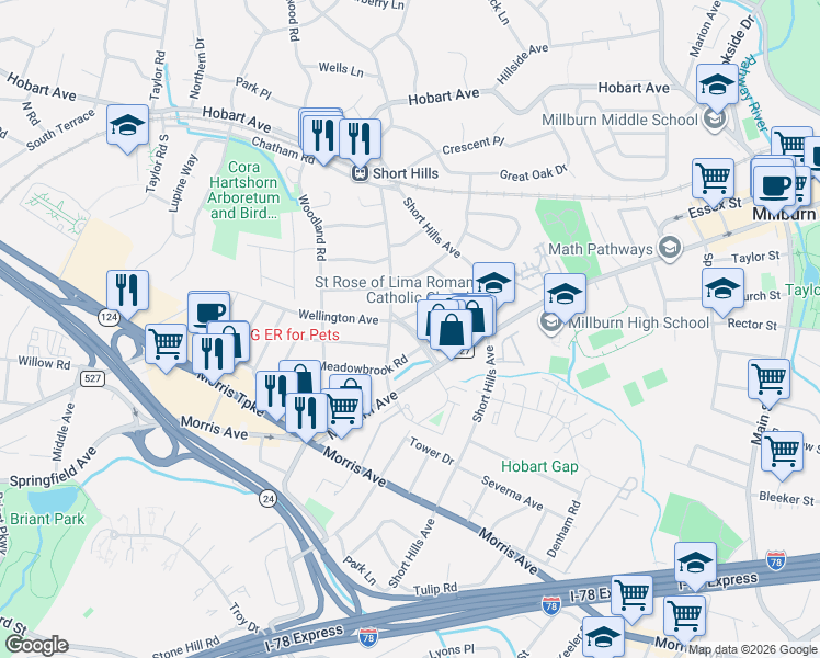map of restaurants, bars, coffee shops, grocery stores, and more near 29 Glenwood Drive in Essex County