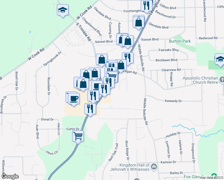 map of restaurants, bars, coffee shops, grocery stores, and more near 1401 Lexington Avenue in Mansfield