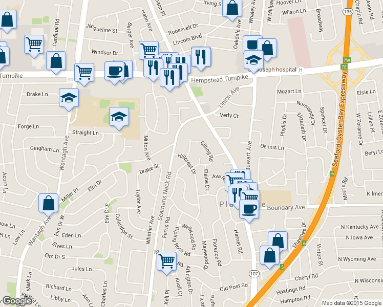 map of restaurants, bars, coffee shops, grocery stores, and more near 207 Whelan Place in Seaford