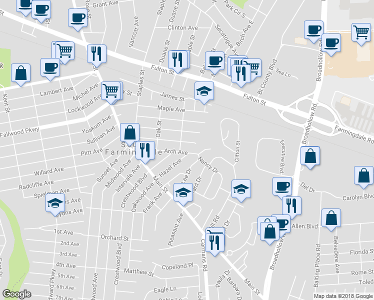 map of restaurants, bars, coffee shops, grocery stores, and more near 33 Arch Avenue in Farmingdale