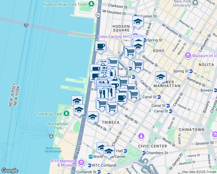 map of restaurants, bars, coffee shops, grocery stores, and more near 397 Greenwich Street in New York