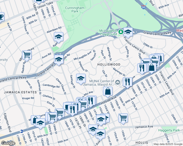 map of restaurants, bars, coffee shops, grocery stores, and more near 193-05 Keno Avenue in Queens