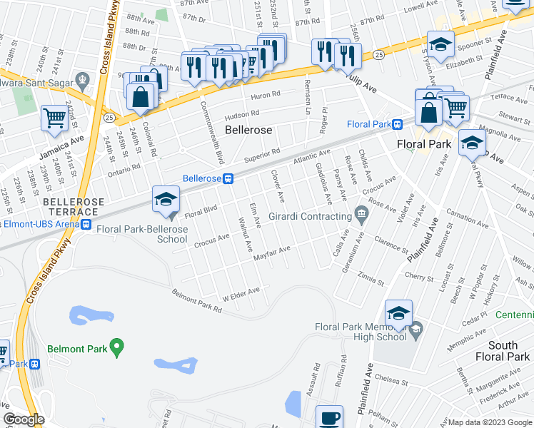 map of restaurants, bars, coffee shops, grocery stores, and more near 34 Maple Avenue in Floral Park