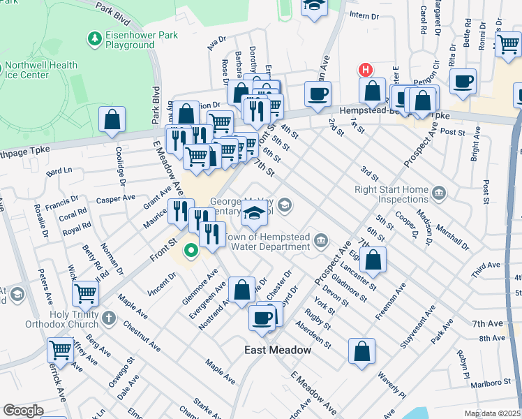 map of restaurants, bars, coffee shops, grocery stores, and more near 1964 Lincoln Avenue in East Meadow