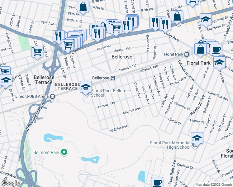 map of restaurants, bars, coffee shops, grocery stores, and more near 24 Walnut Avenue in Floral Park