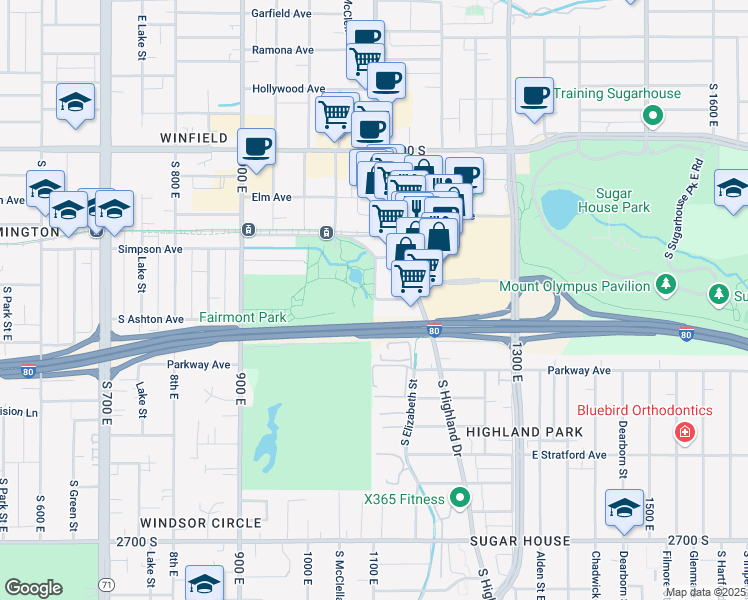 map of restaurants, bars, coffee shops, grocery stores, and more near 2700 1100 East in Salt Lake City