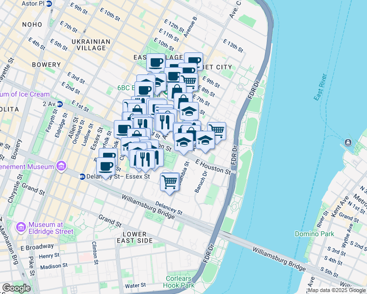 map of restaurants, bars, coffee shops, grocery stores, and more near 274 East 2nd Street in New York