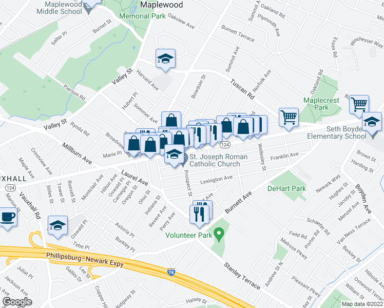 map of restaurants, bars, coffee shops, grocery stores, and more near 1873 Springfield Avenue in Maplewood