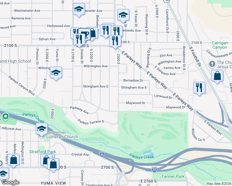map of restaurants, bars, coffee shops, grocery stores, and more near 2312 South 2300 East in Salt Lake City